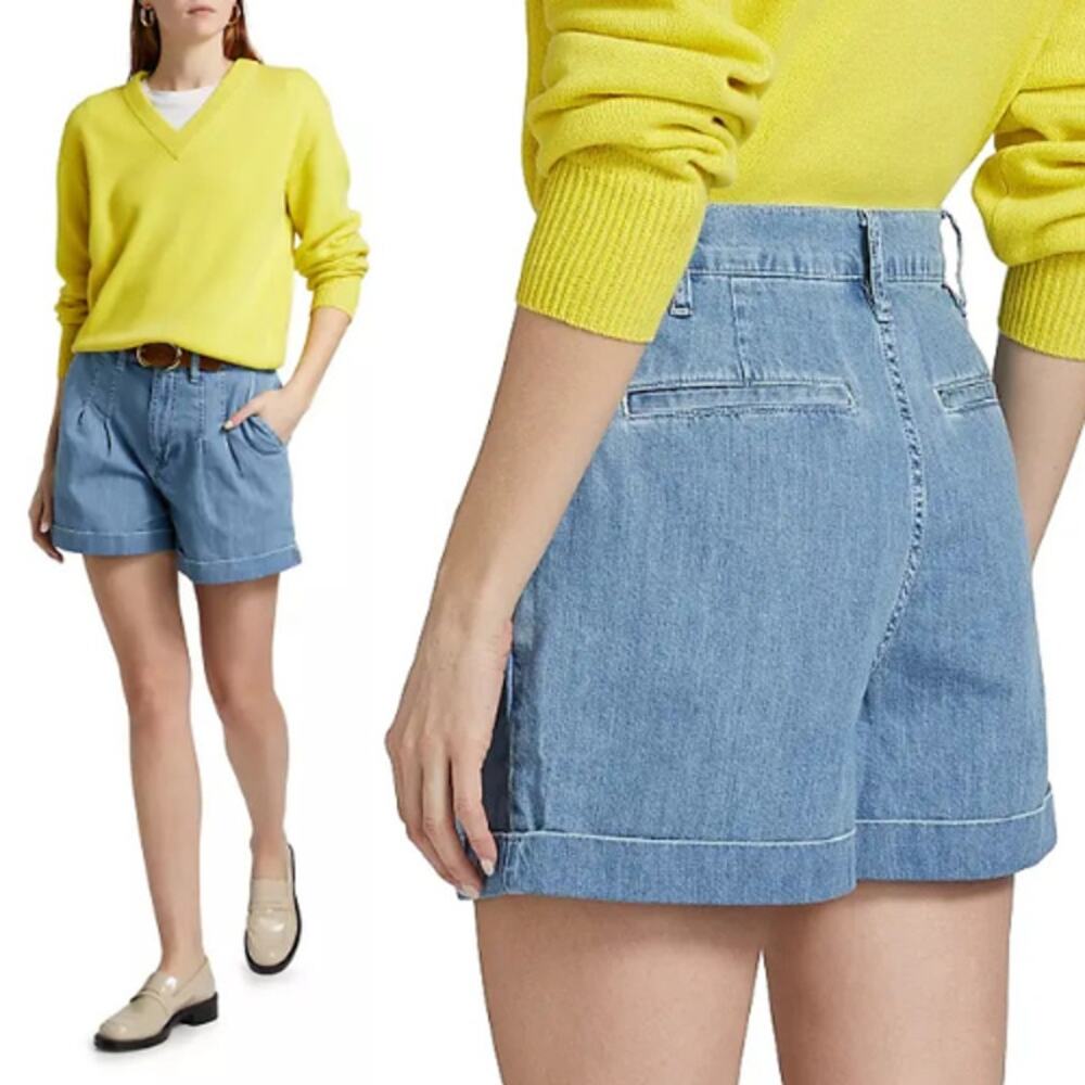 NEW Frame Pleated High‎ Rise Denim Shorts Rhythm Blue Free People Size 12 $238